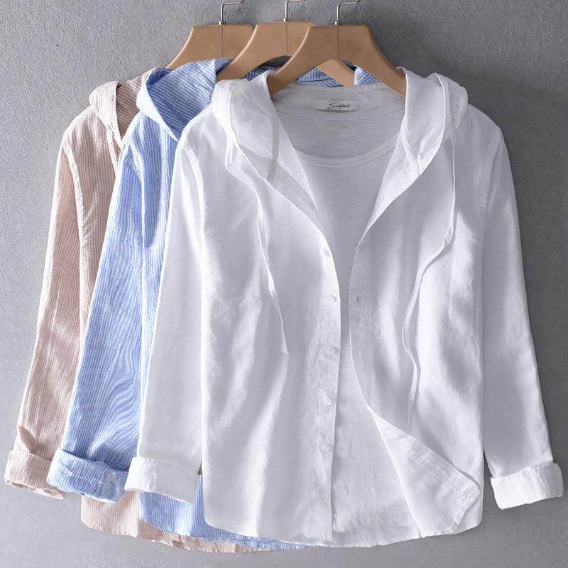 Men's Hooded Linen Blouse with Button Placket