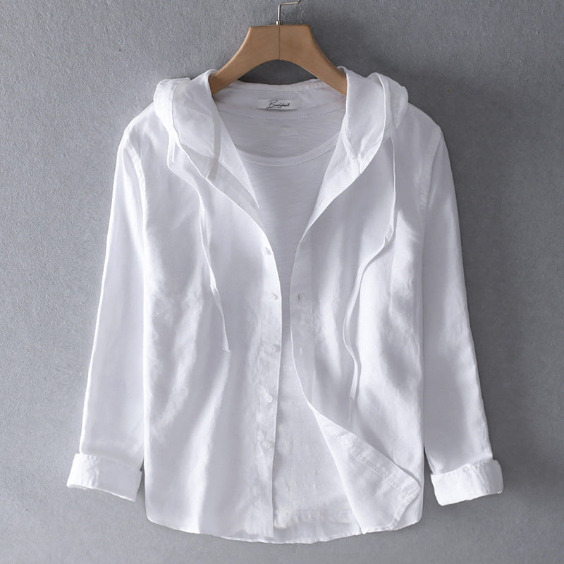 Men's Hooded Linen Blouse with Button Placket