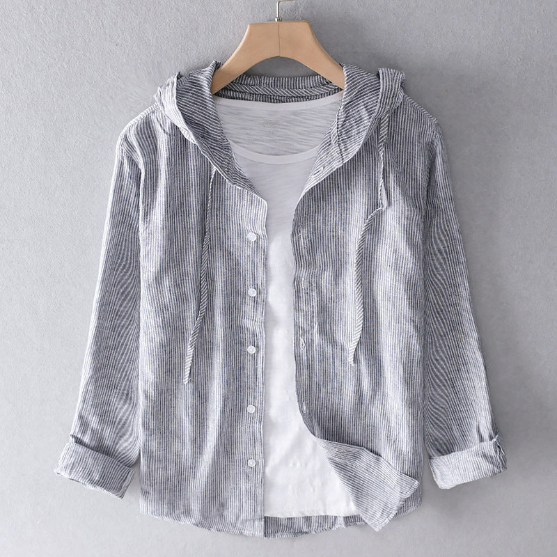 Men's Hooded Linen Blouse with Button Placket
