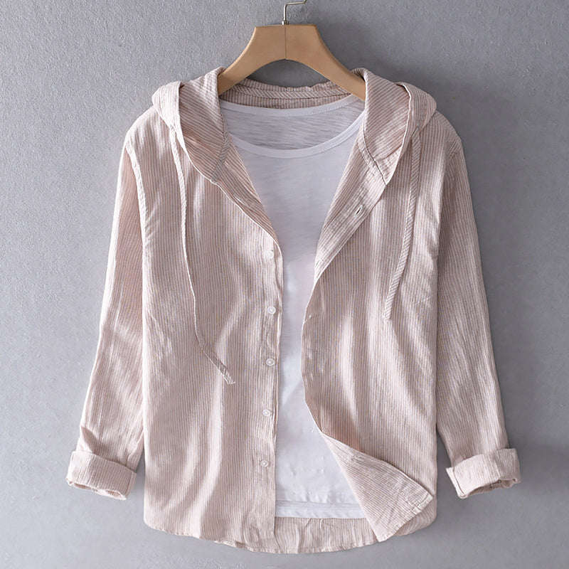 Men's Hooded Linen Blouse with Button Placket