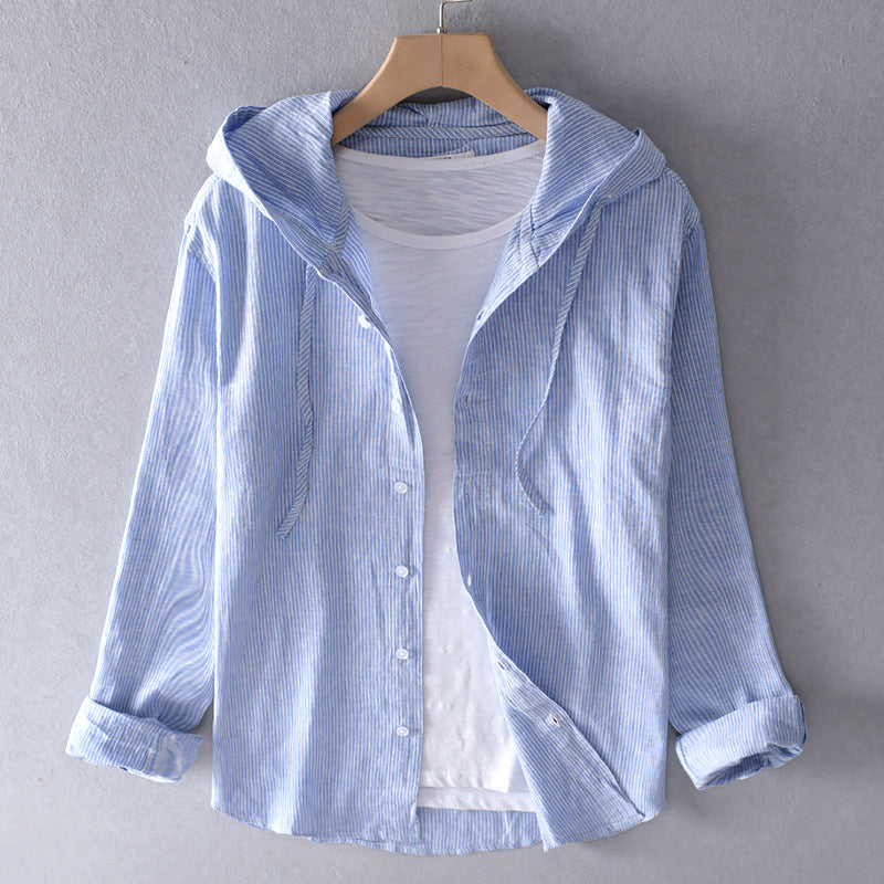 Men's Hooded Linen Blouse with Button Placket