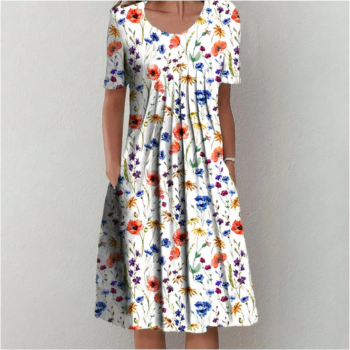 Women's Short Sleeve Floral Pleated A-Line Dress | Midi