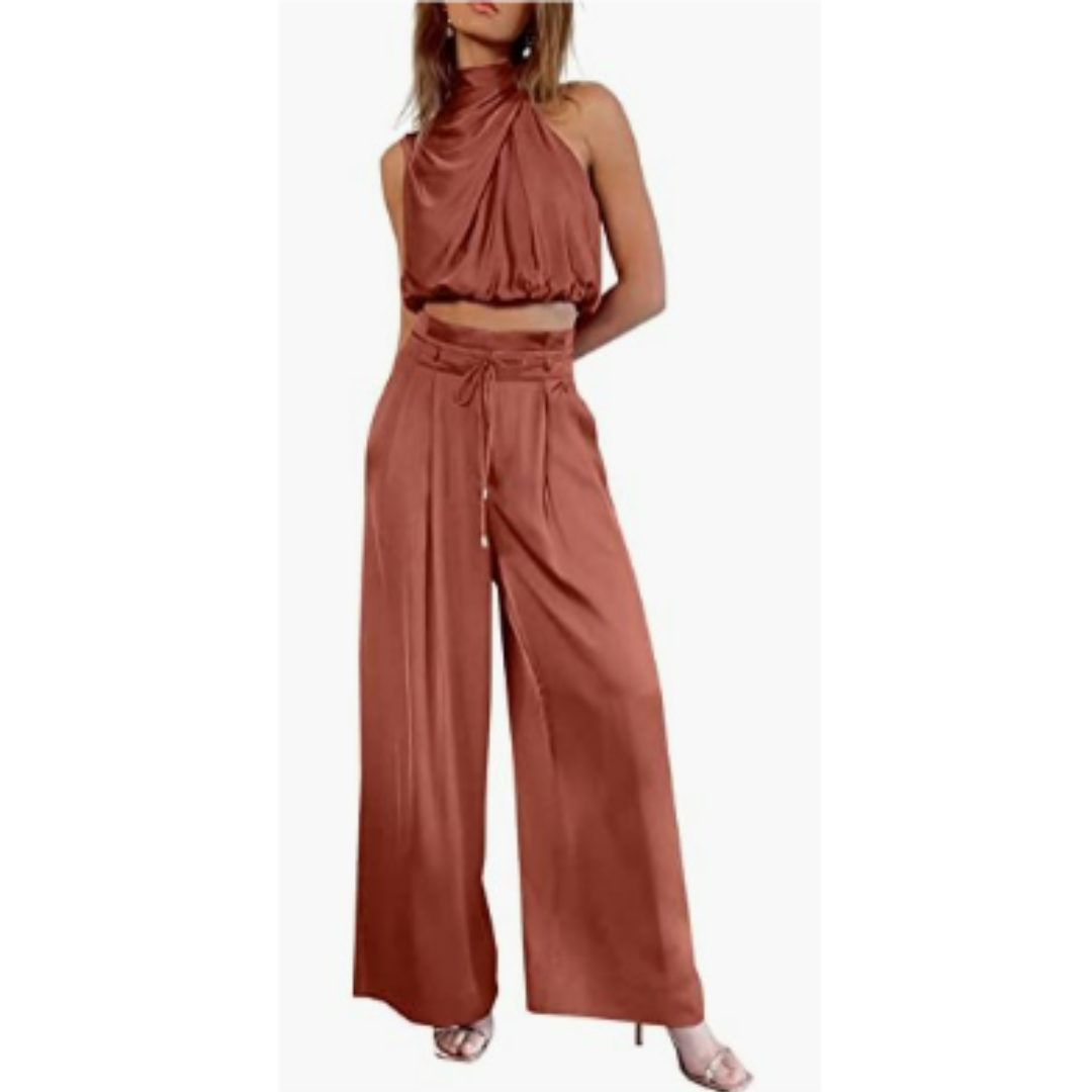 Women's Halter Neck Crop Top and Wide Leg Pants | Two-Piece Outfit