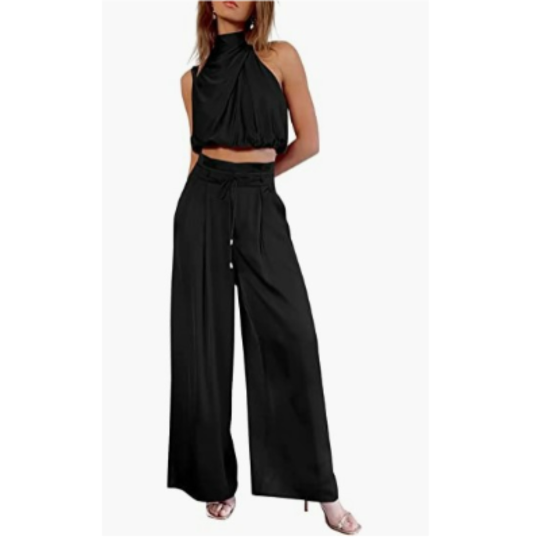 Women's Halter Neck Crop Top and Wide Leg Pants | Two-Piece Outfit