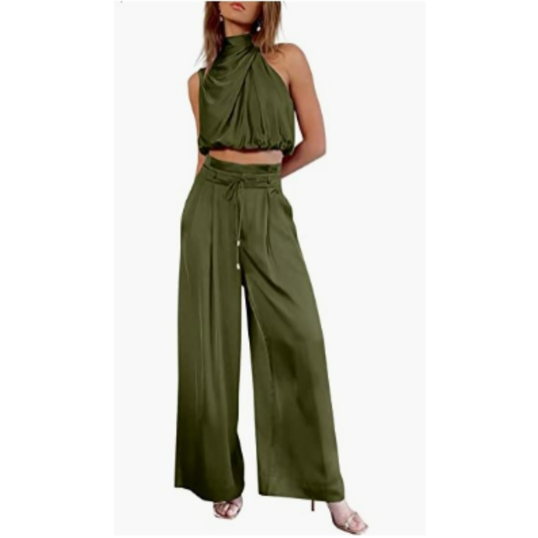 Women's Halter Neck Crop Top and Wide Leg Pants | Two-Piece Outfit