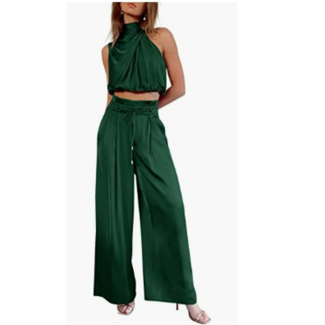 Women's Halter Neck Crop Top and Wide Leg Pants | Two-Piece Outfit