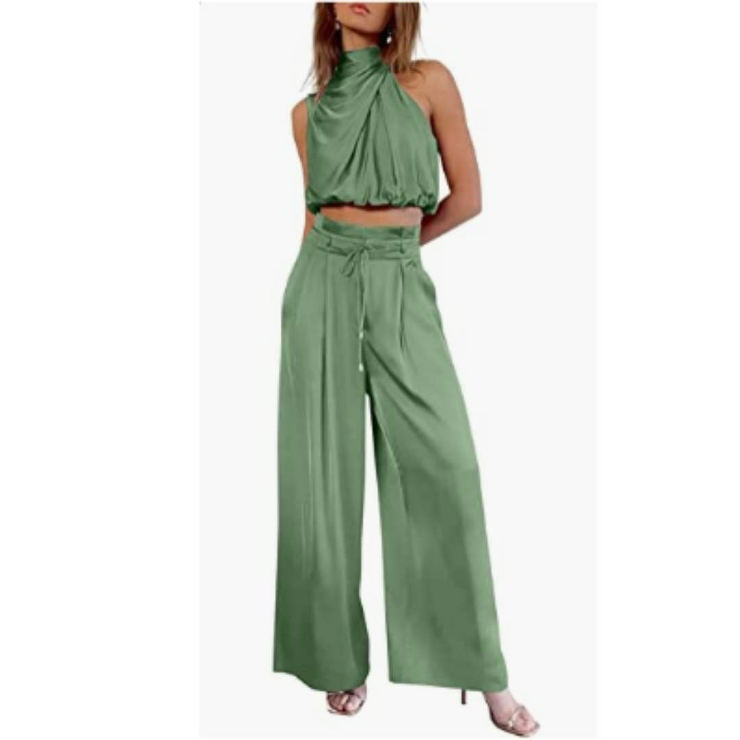 Women's Halter Neck Crop Top and Wide Leg Pants | Two-Piece Outfit