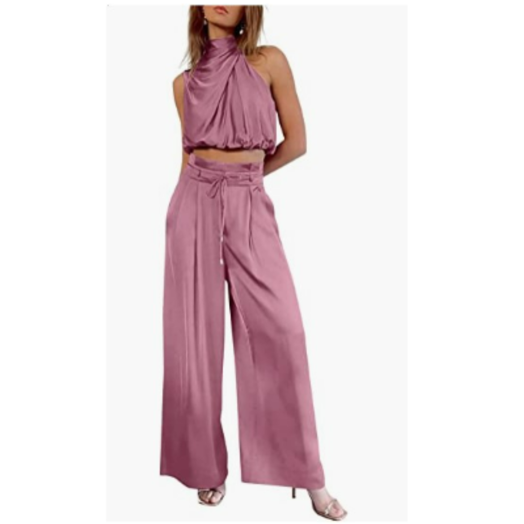 Women's Halter Neck Crop Top and Wide Leg Pants | Two-Piece Outfit