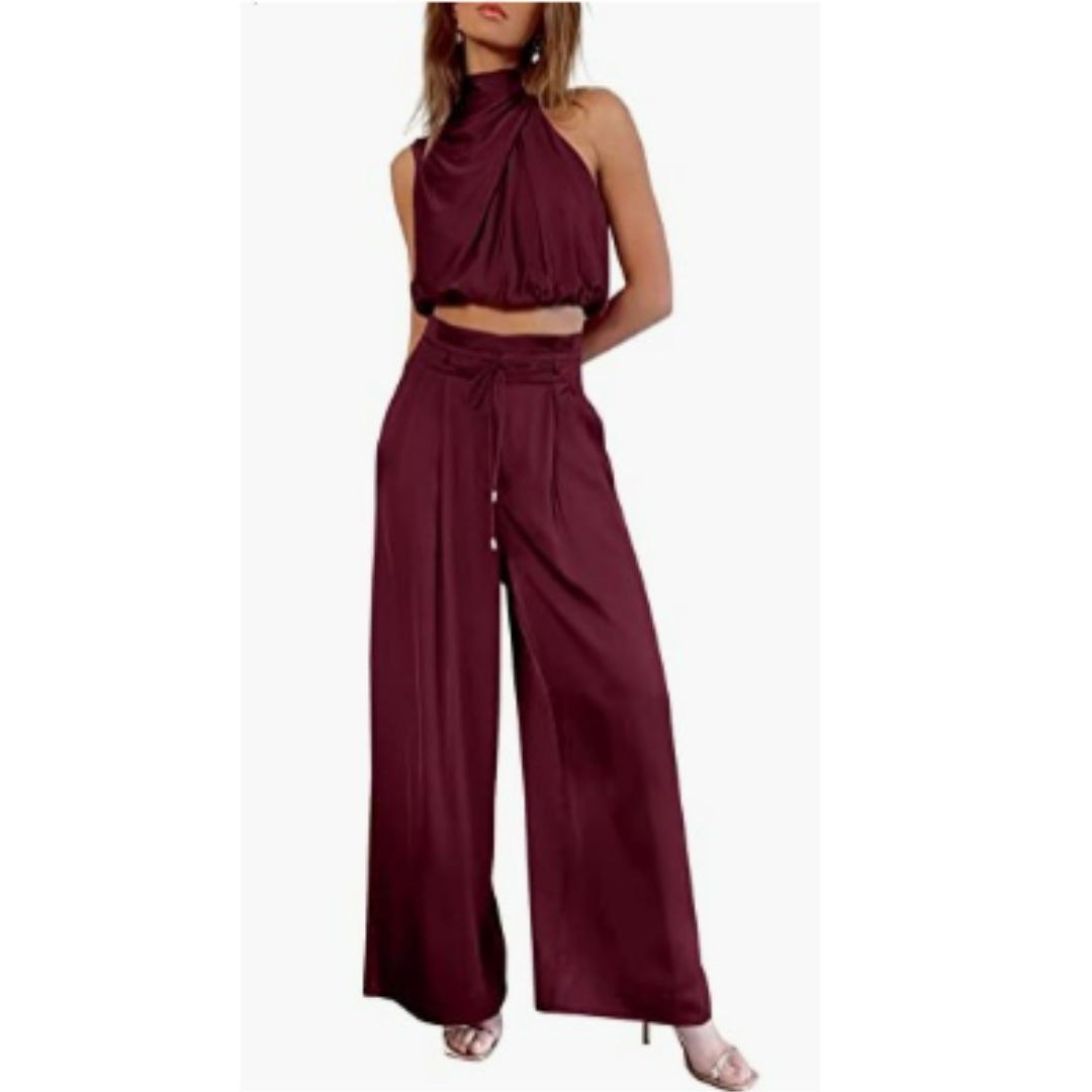 Women's Halter Neck Crop Top and Wide Leg Pants | Two-Piece Outfit