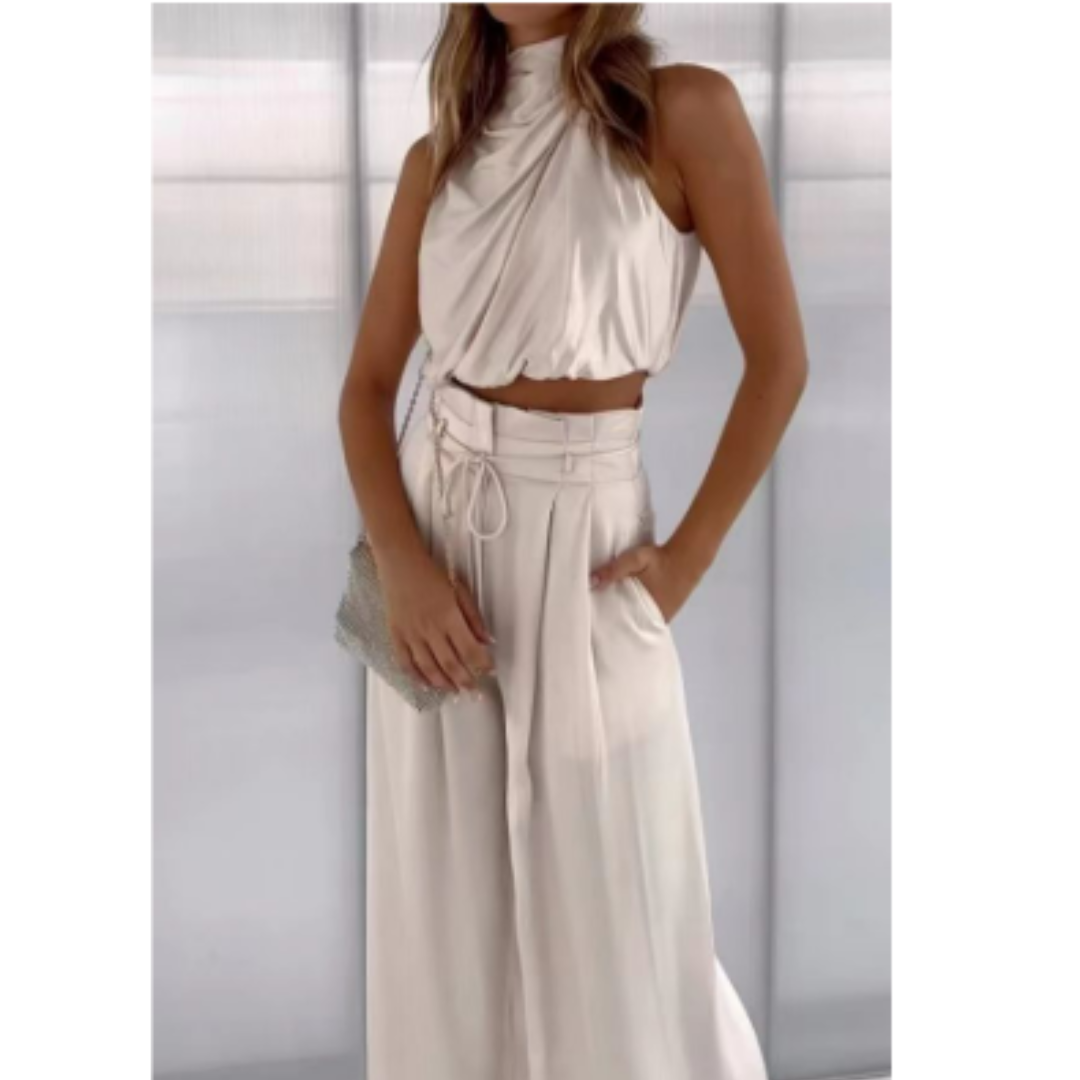 Women's Halter Neck Crop Top and Wide Leg Pants | Two-Piece Outfit