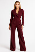 Women's Long Sleeve Wide Leg Jumpsuit with Lapel