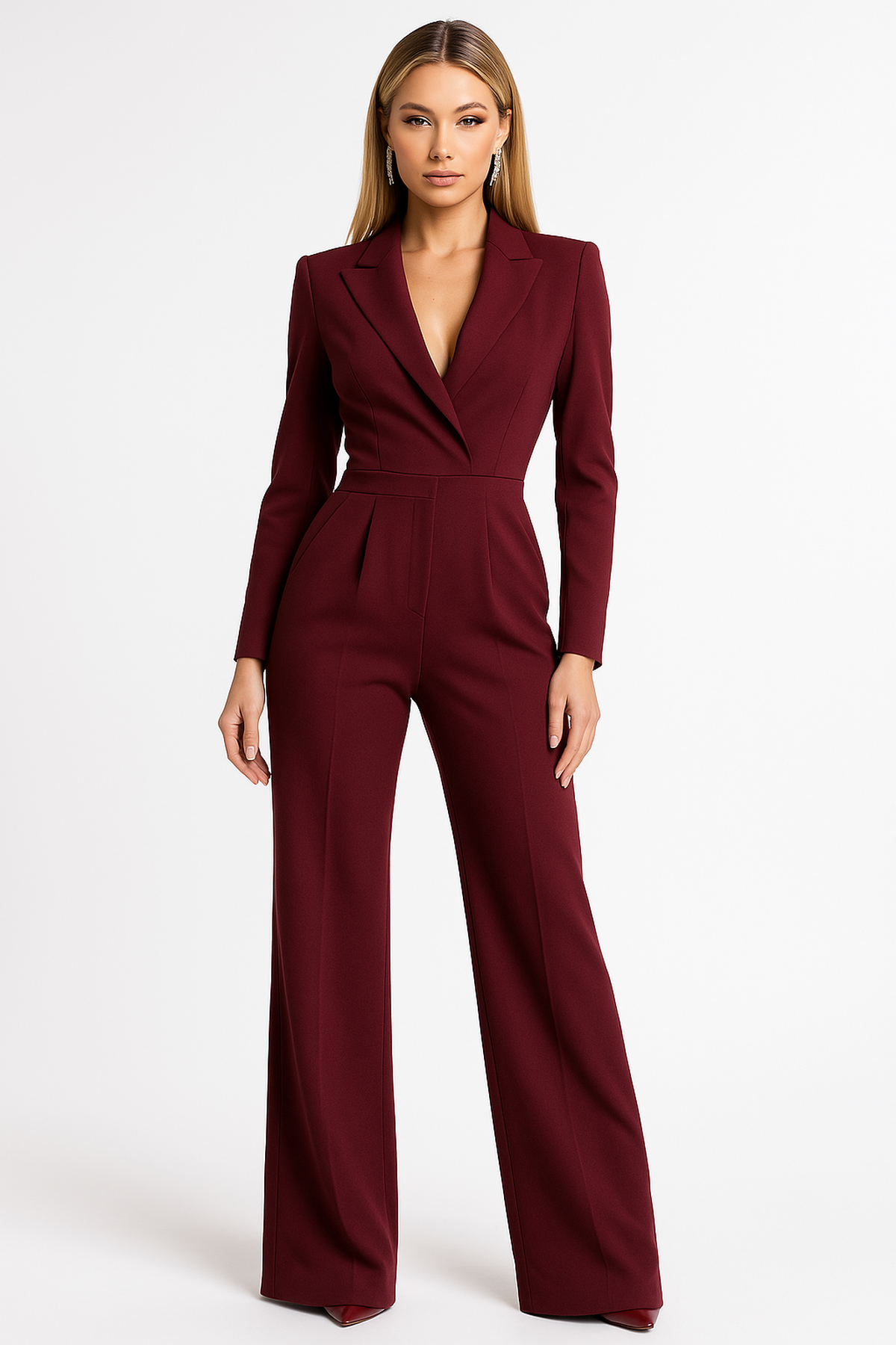 Women's Long Sleeve Wide Leg Jumpsuit with Lapel