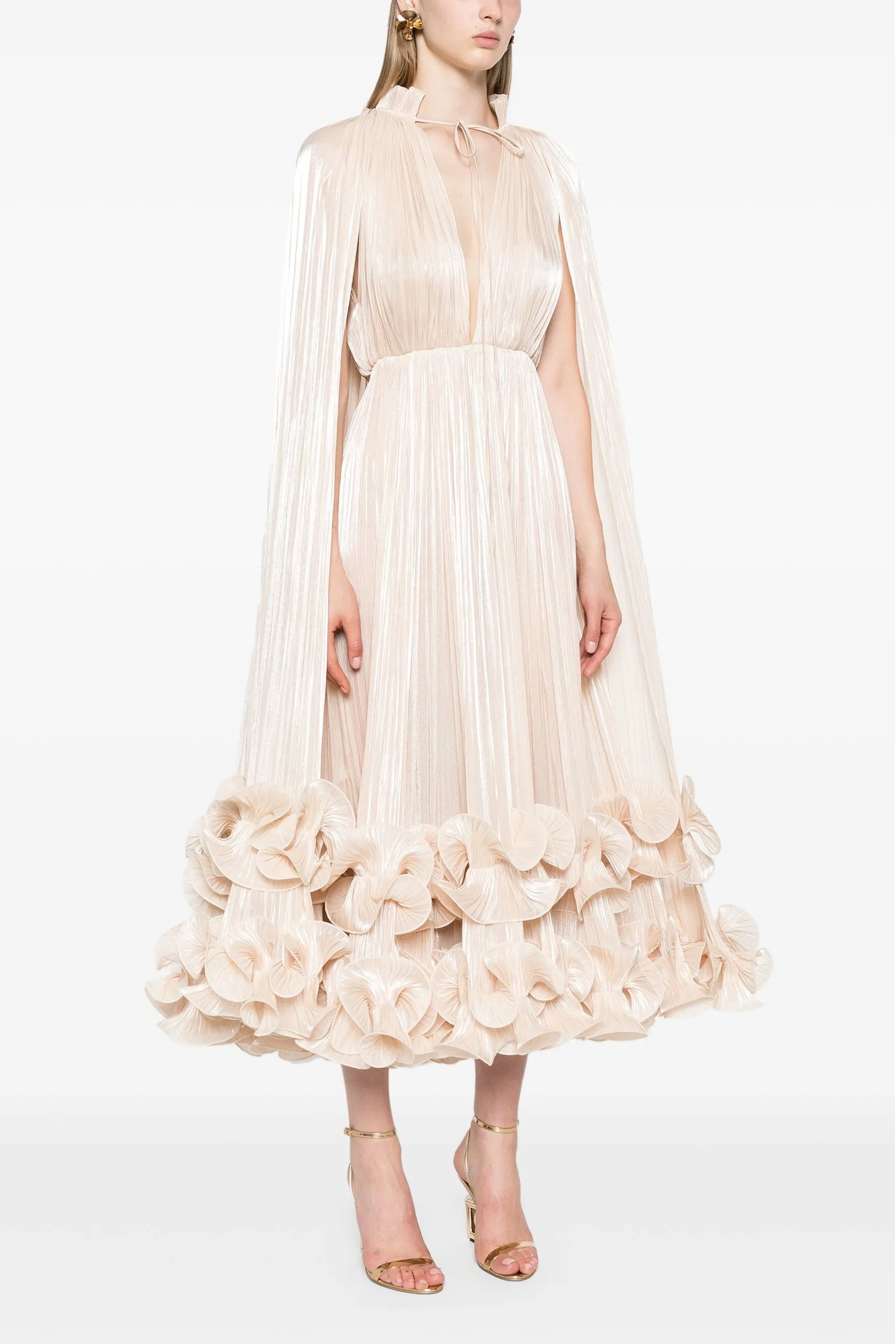 Champagne Pleated Midi Dress with Cape and Ruffle Hem for Women - Carla