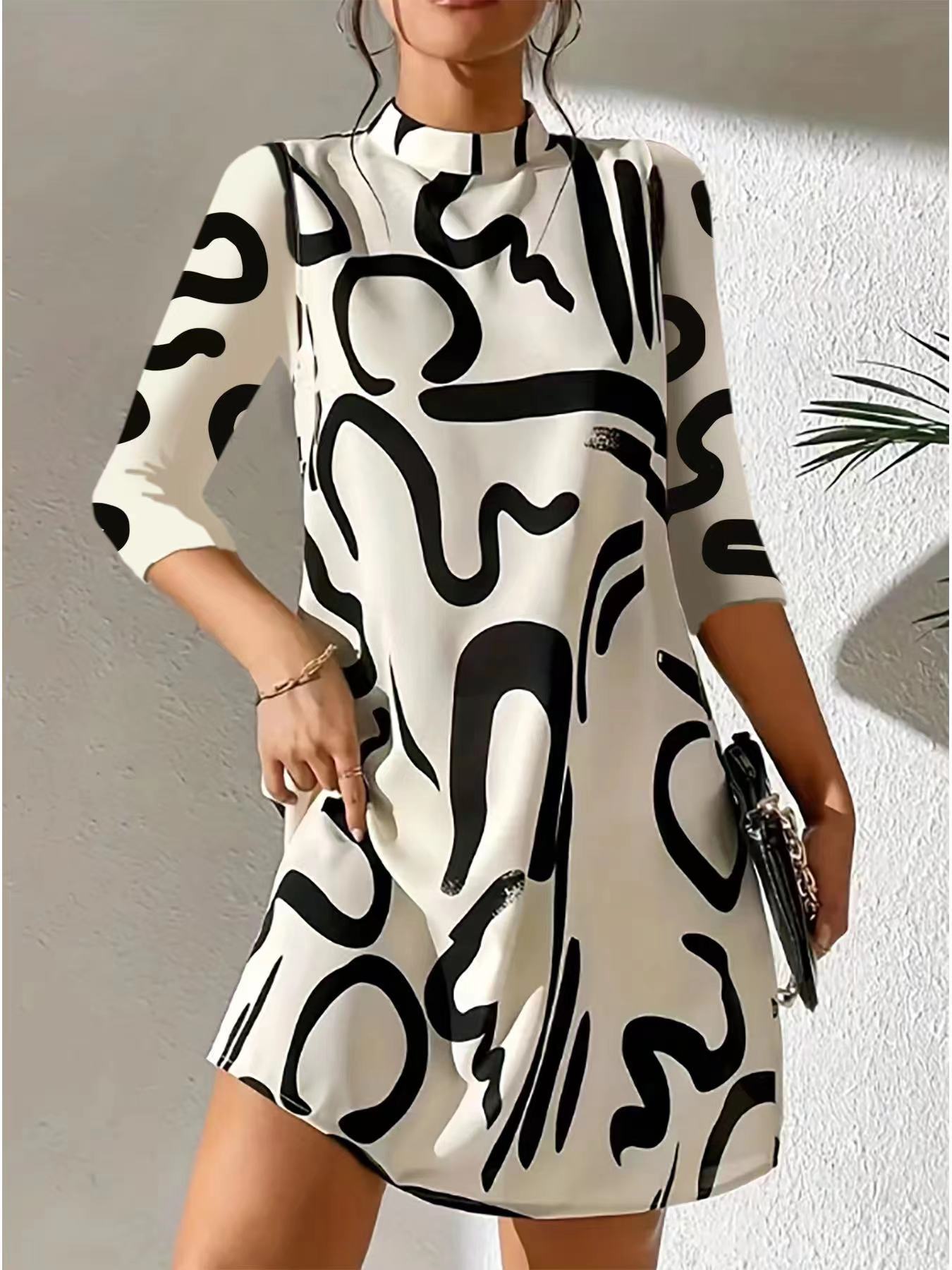 Casual Loose-Fitting Stand Collar Dress for Women | 3/4 Sleeves