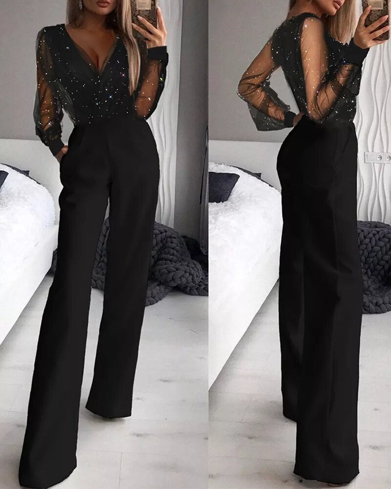 Women's Long Sleeve V-Neck Festive Jumpsuit
