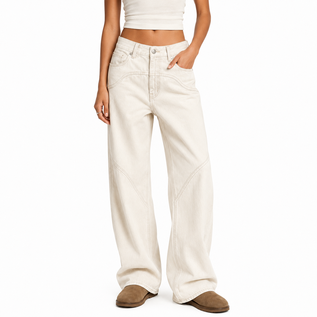 White Vintage Straight Leg Baggy Jeans with Splice Detail
