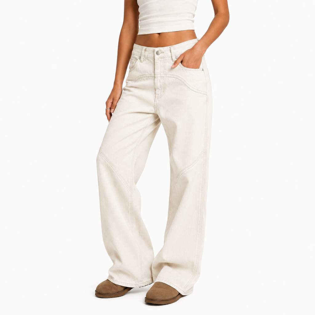 White Vintage Straight Leg Baggy Jeans with Splice Detail