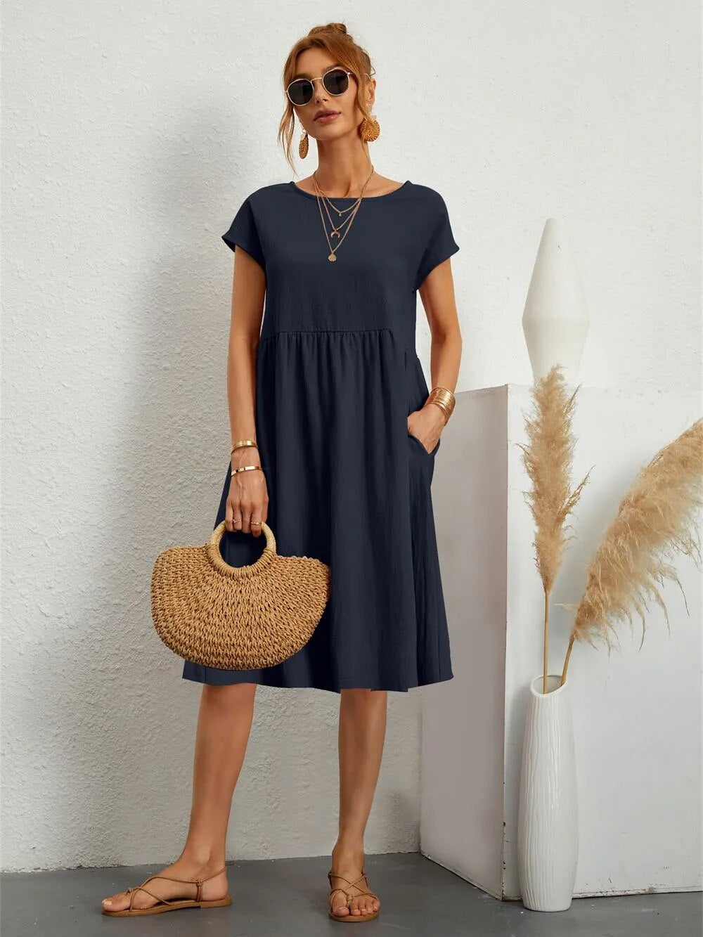 Casual Short Sleeve Midi Dress for Women | Featuring Pockets