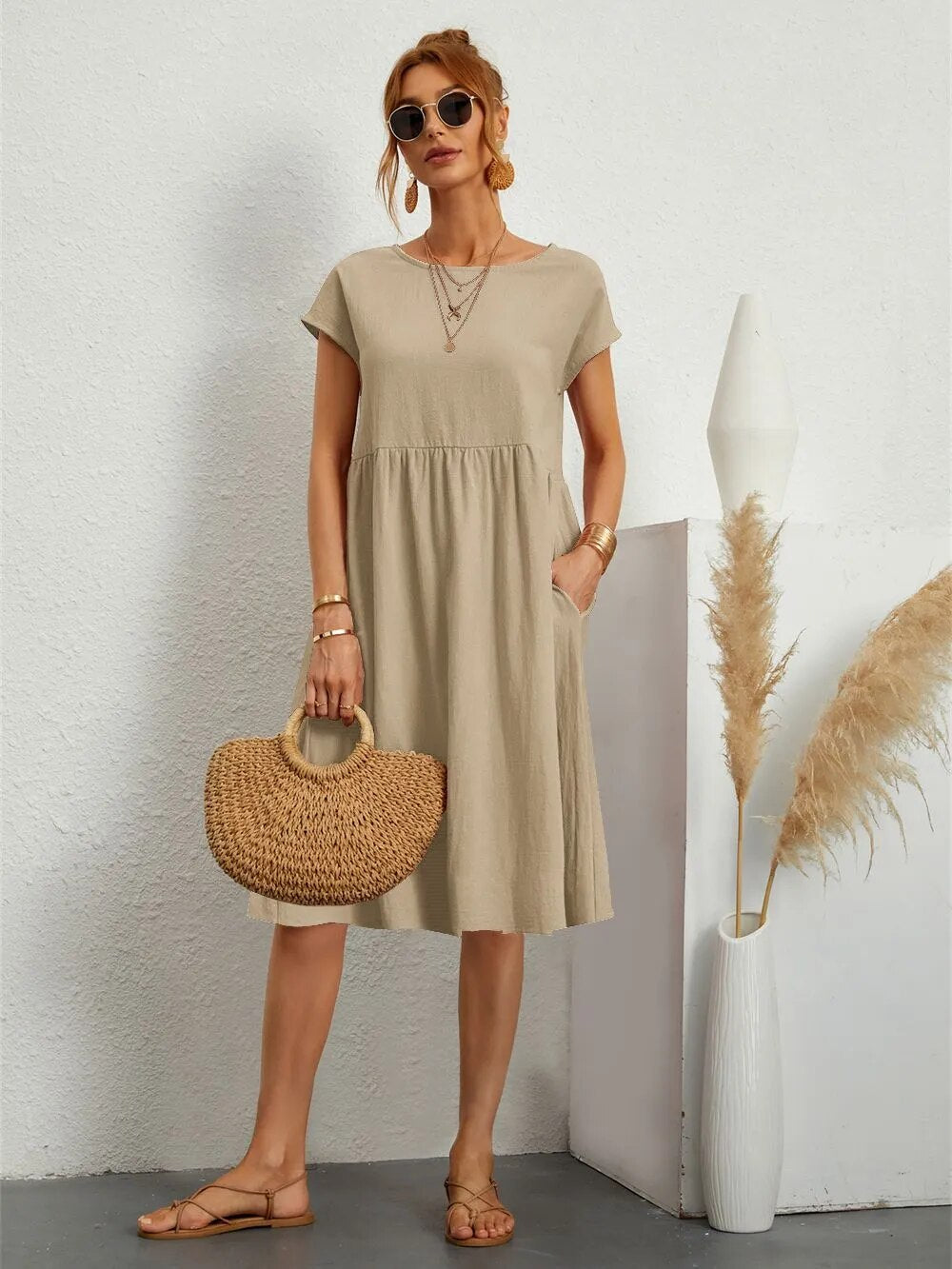 Casual Short Sleeve Midi Dress for Women | Featuring Pockets