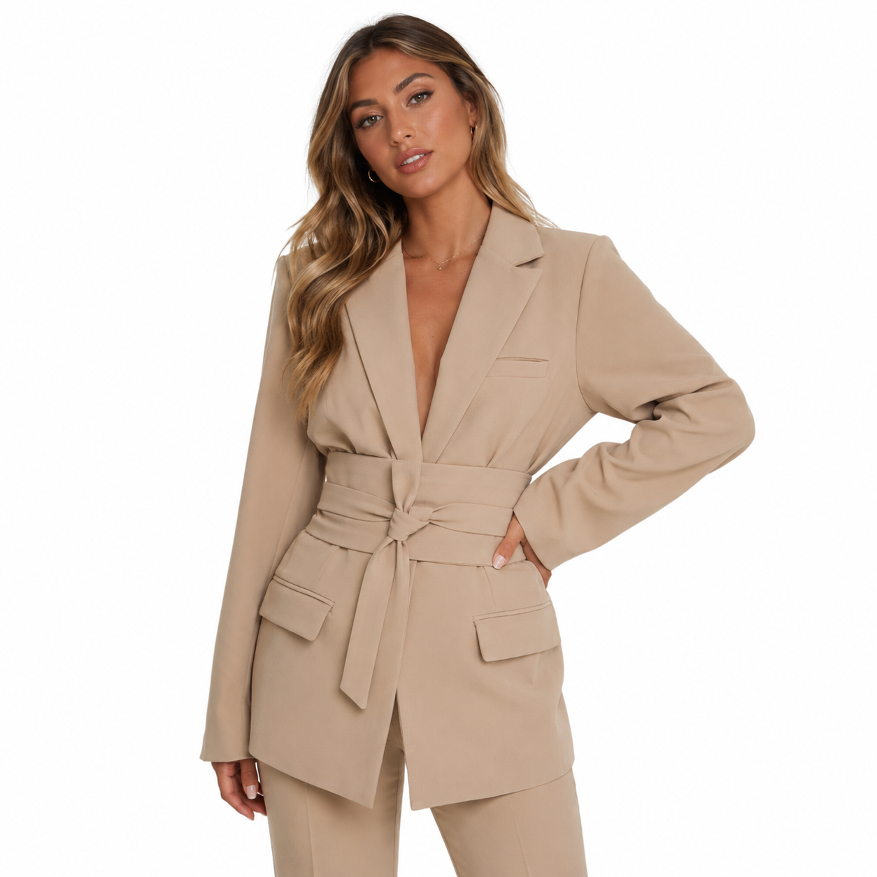 Women's Casual Belted Blazer with Long Sleeves
