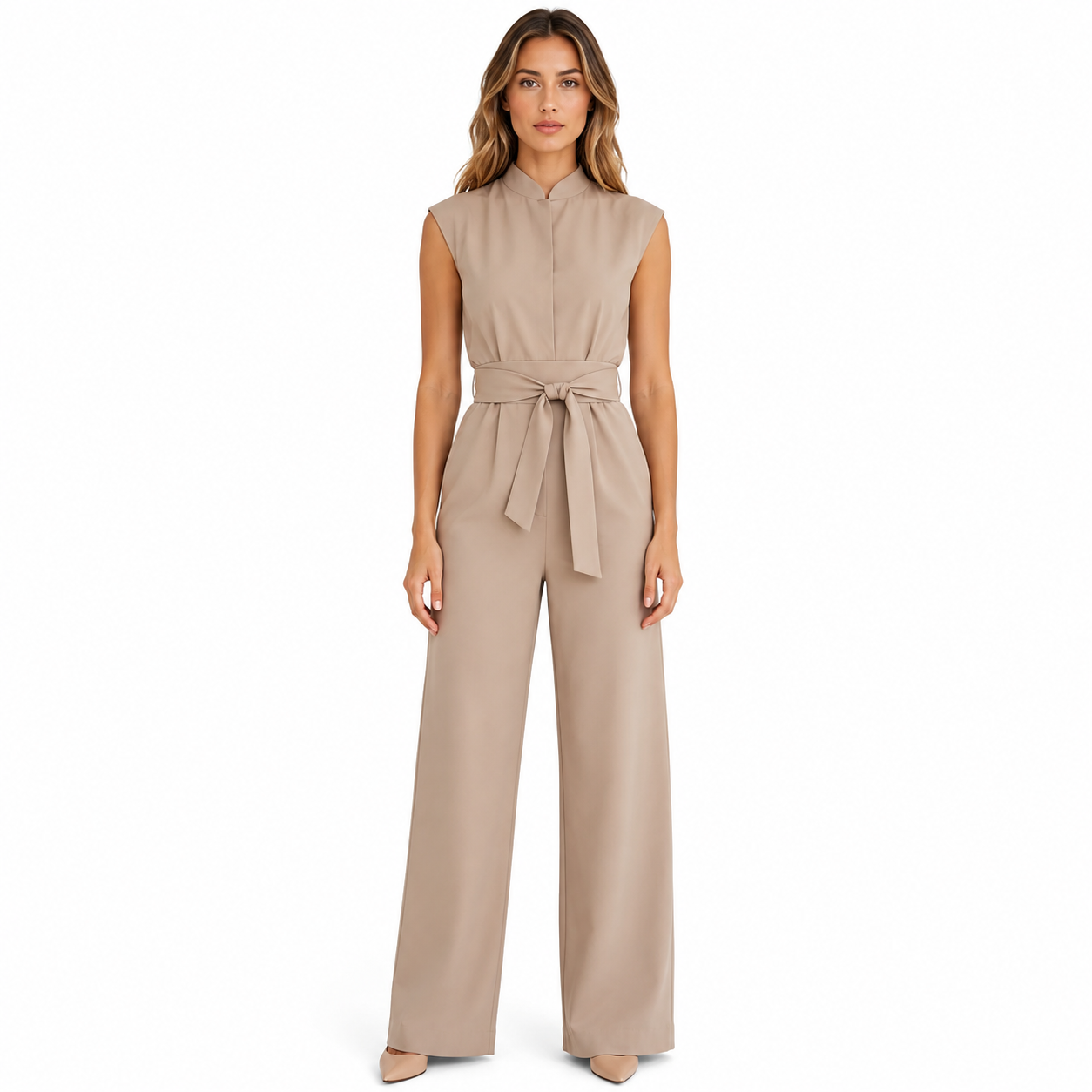 Women's Casual Wide Leg Jumpsuit with Mandarin Collar