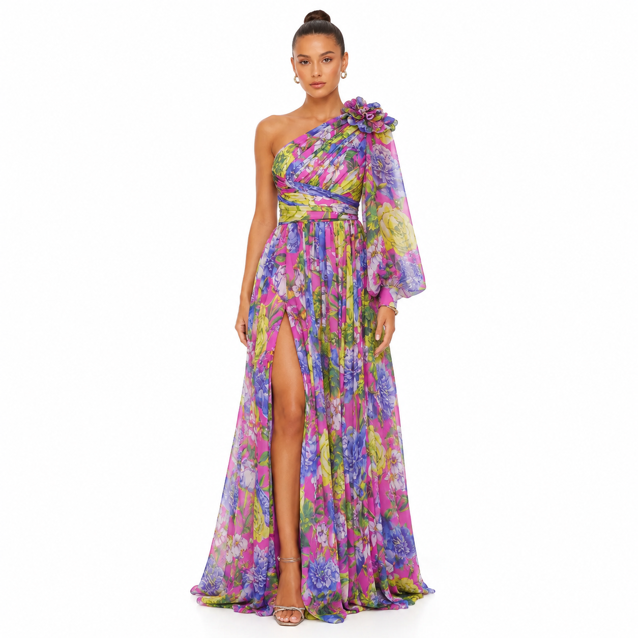 Women's One-Shoulder Floral Maxi Dress with High Slit for Summer