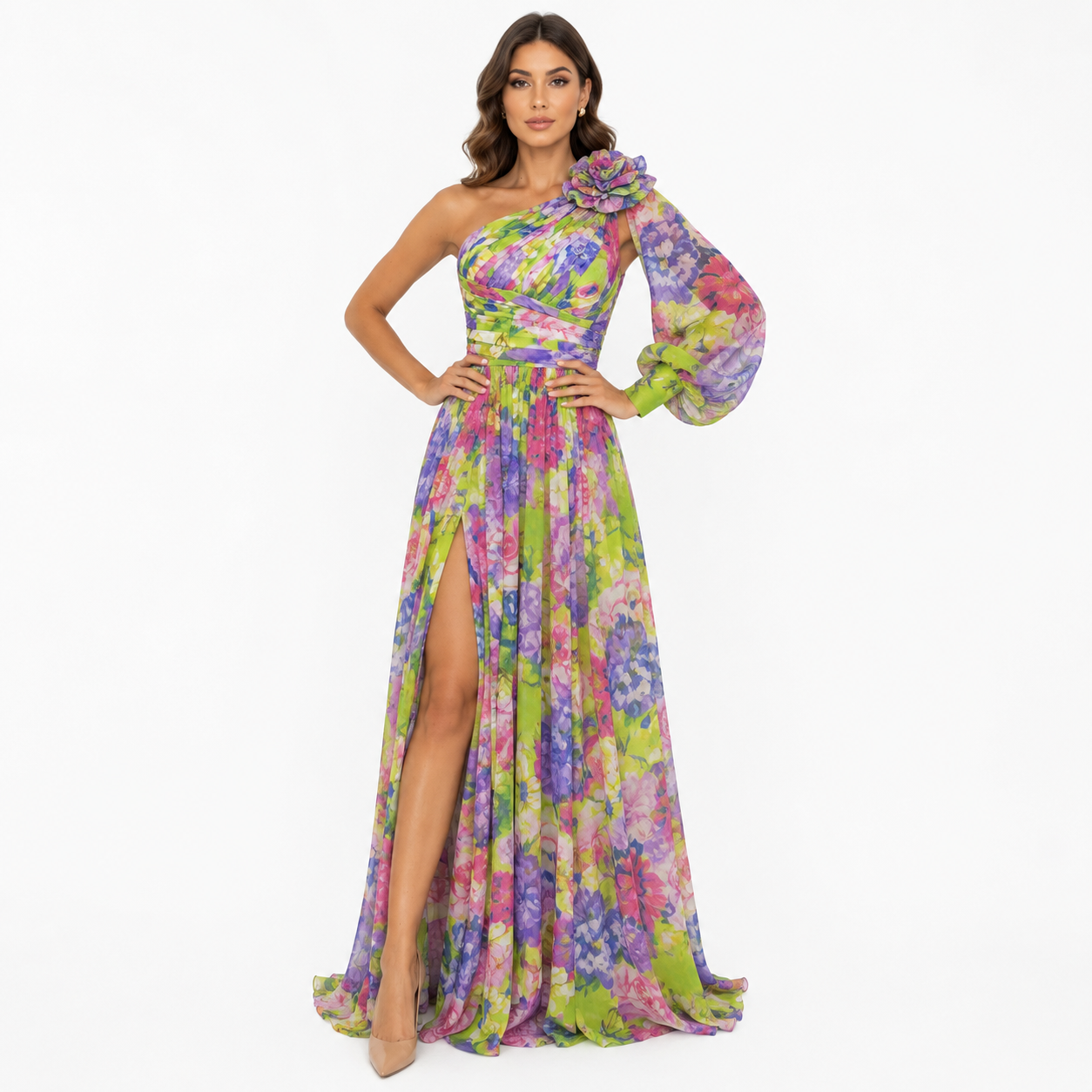 Women's One-Shoulder Floral Maxi Dress with High Slit for Summer