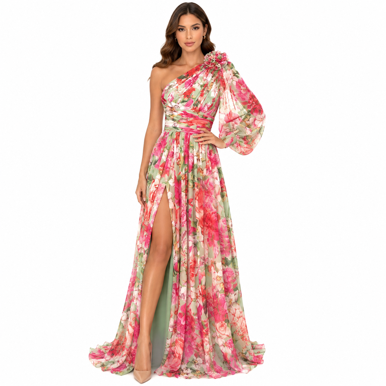 Women's One-Shoulder Floral Maxi Dress with High Slit for Summer