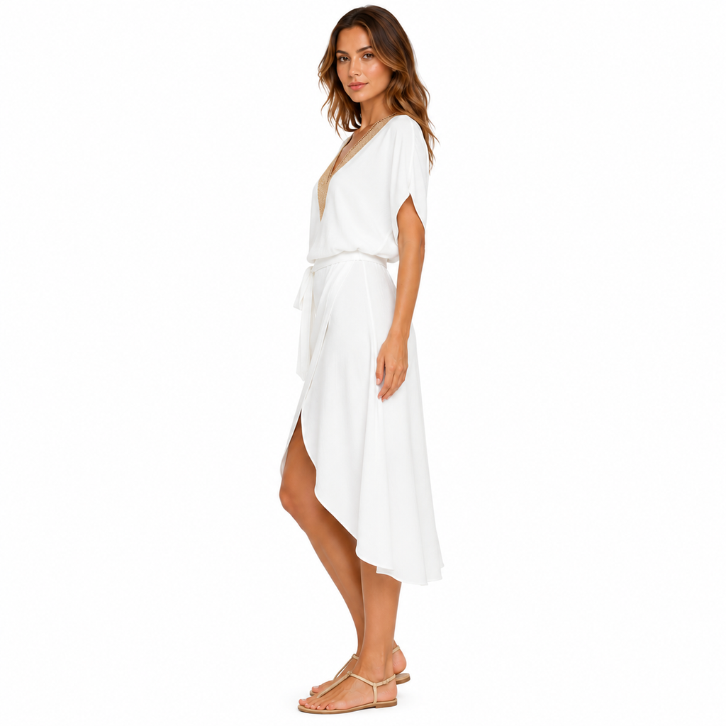 Women's V-Neck White Midi Summer Dress
