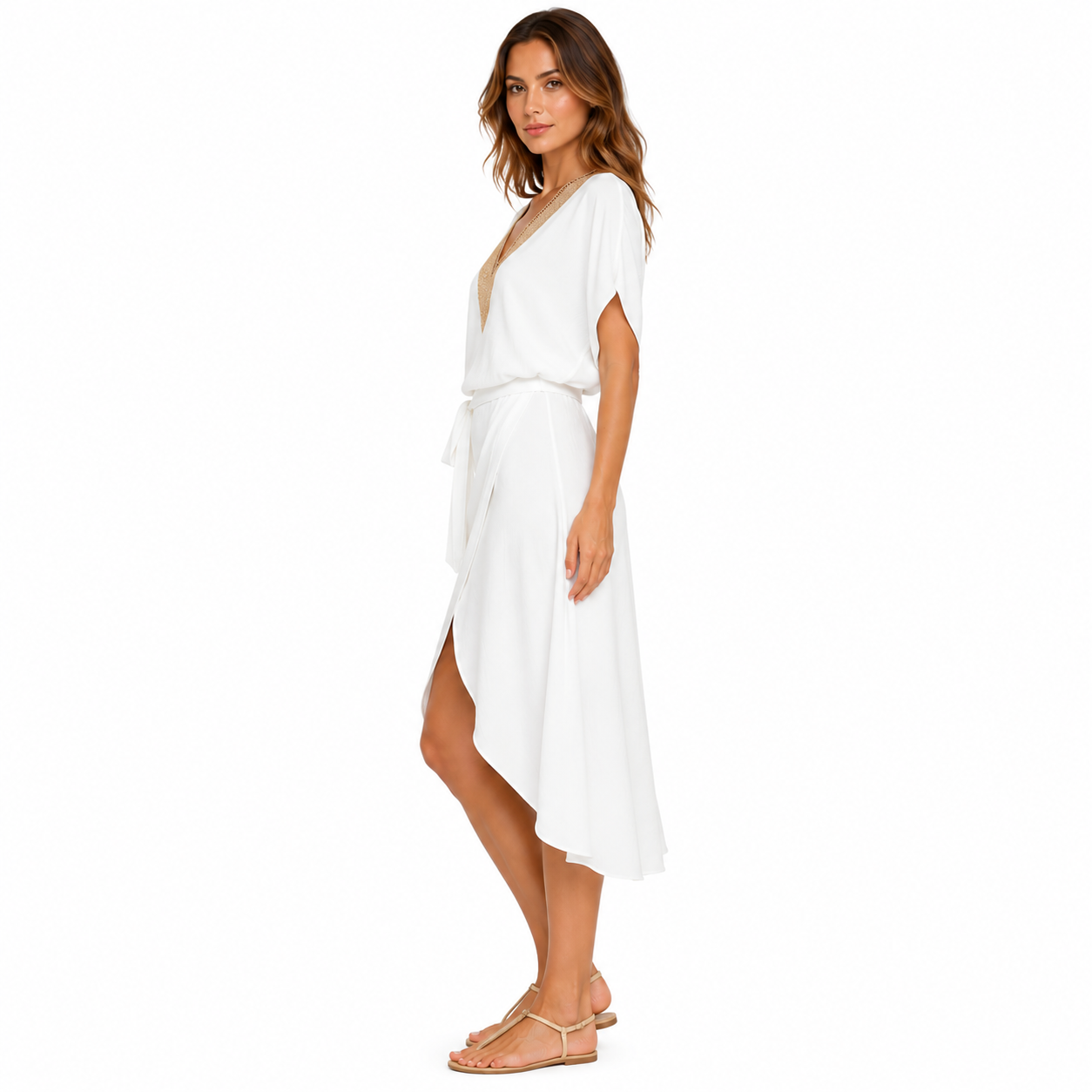 Women's V-Neck White Midi Summer Dress