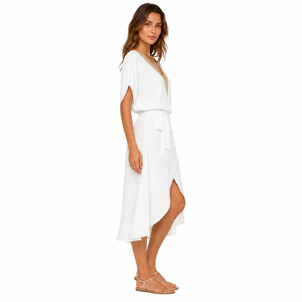 Women's V-Neck White Midi Summer Dress