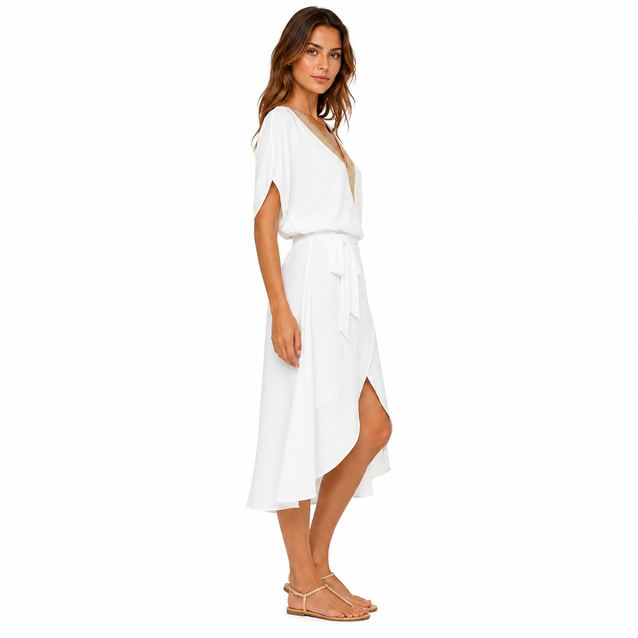 Women's V-Neck White Midi Summer Dress