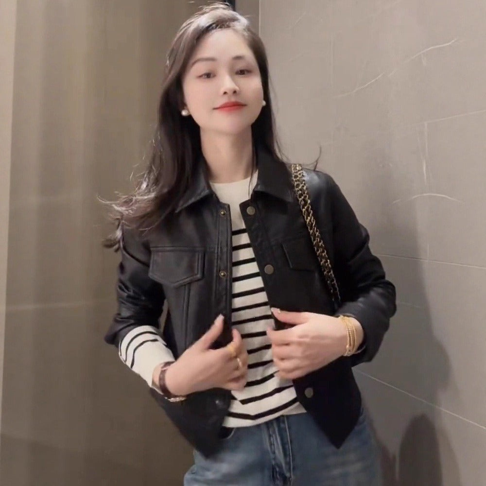 Faux Leather Jacket with Button Closure for Women - Iolanda