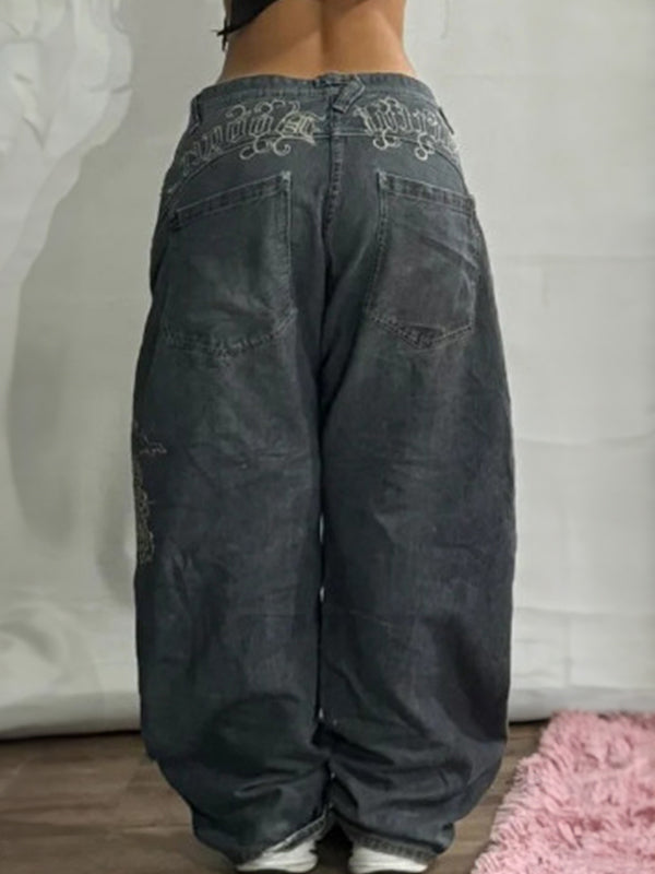 Retro High Street Wide Leg Boyfriend Jeans in Black