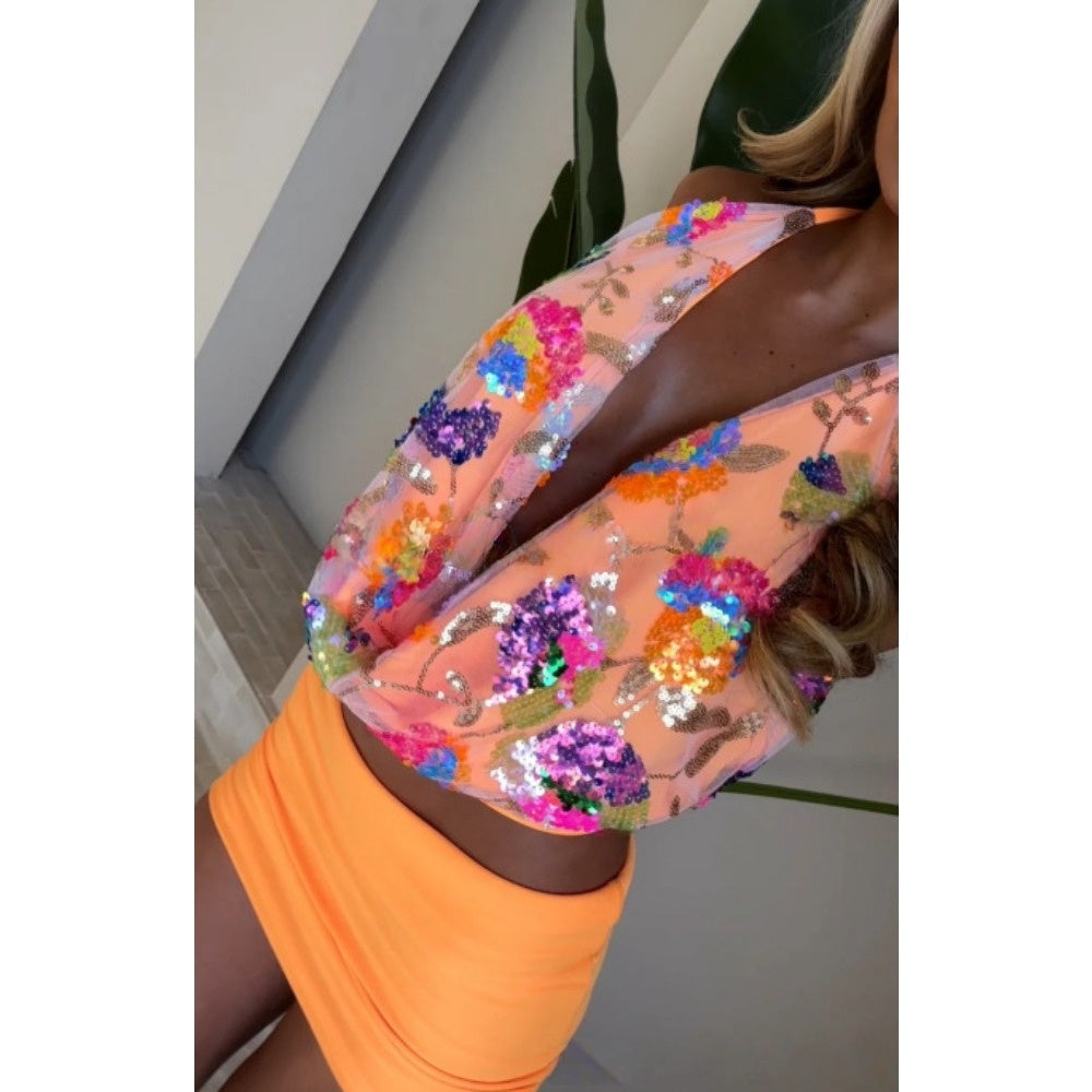 Orange Sequin Halter Top and Mini Skirt Set for Women - Benedetta