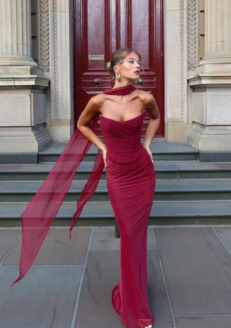 Strapless Maxi Dress with Scarf Detail for Women - Amalia