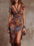 Women's Boho Sunset Print Midi Dress | V-Neck