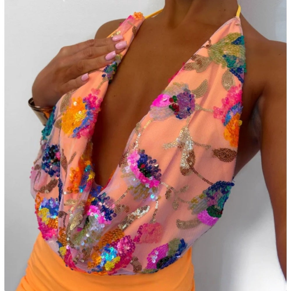 Orange Sequin Halter Top and Mini Skirt Set for Women - Benedetta