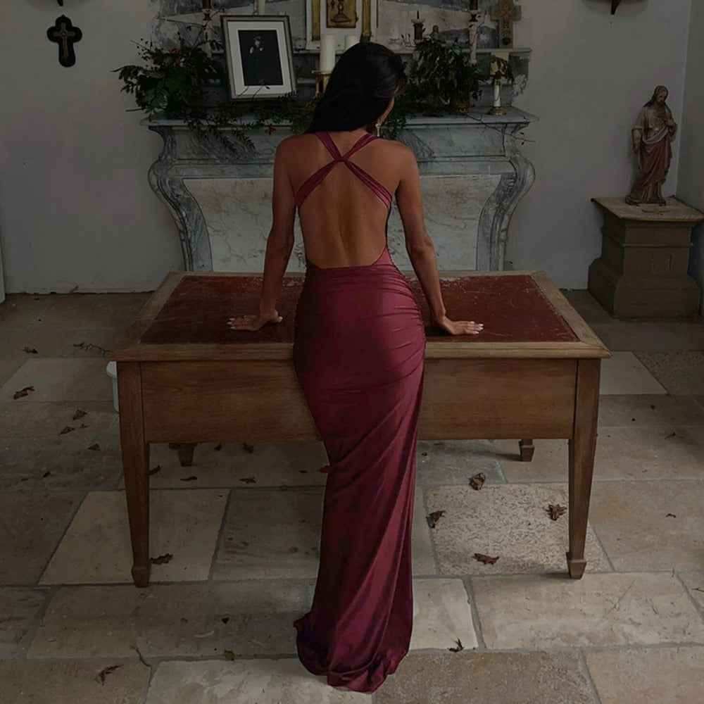 Burgundy Maxi Dress with Draped Neckline for Women - Rosella