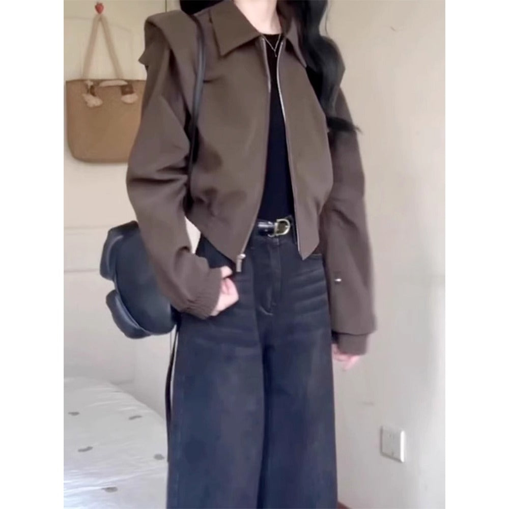 Brown Cropped Zip Up Jacket with Long Sleeves for Women - Ester