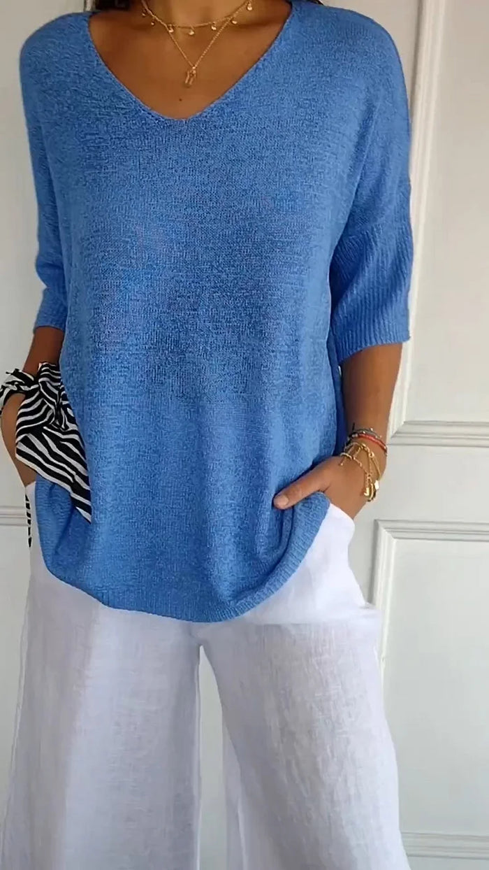 Women's Casual V-Neck Tee with 3/4 Sleeves