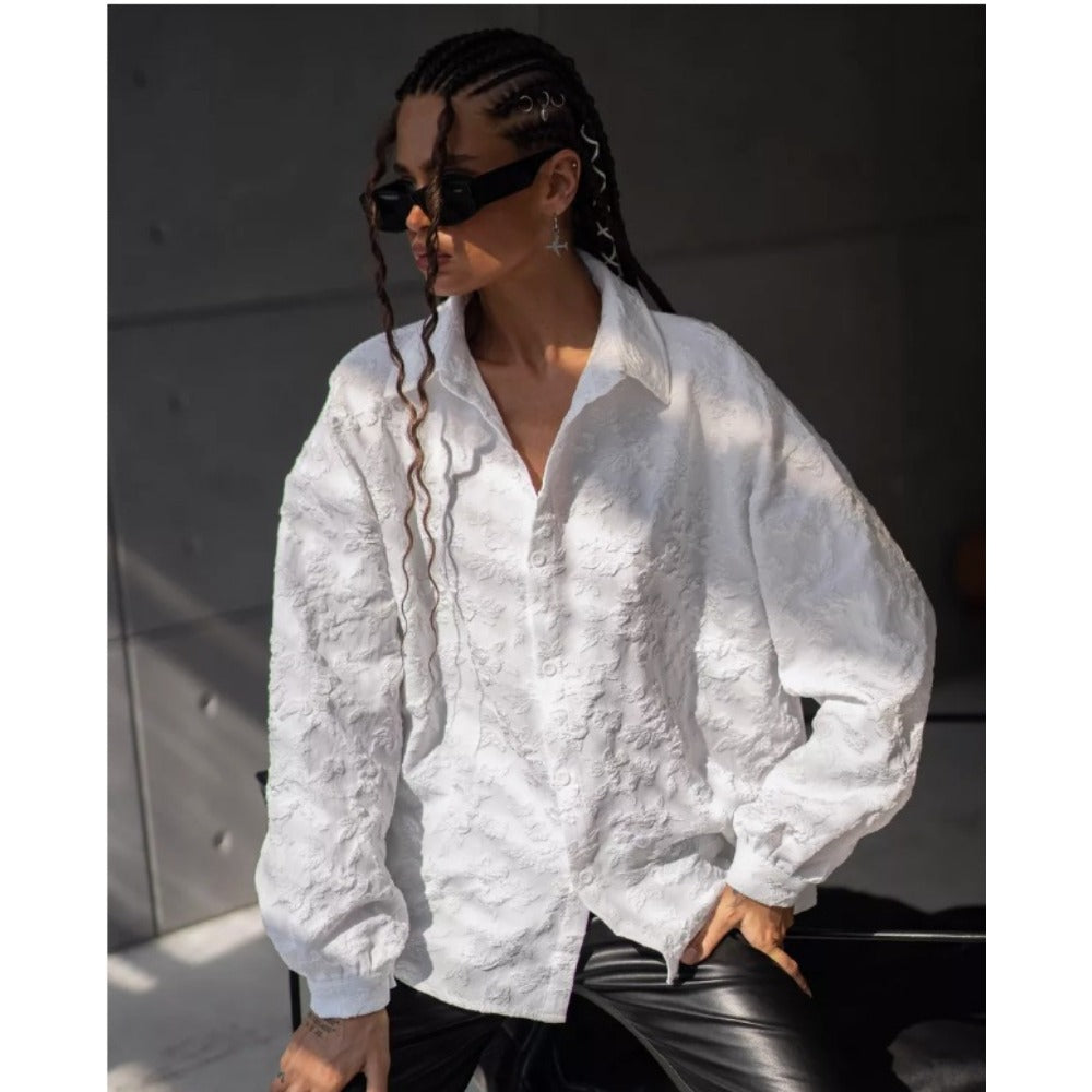 White Textured Button Up Shirt with Long Sleeves for Women - Noemi