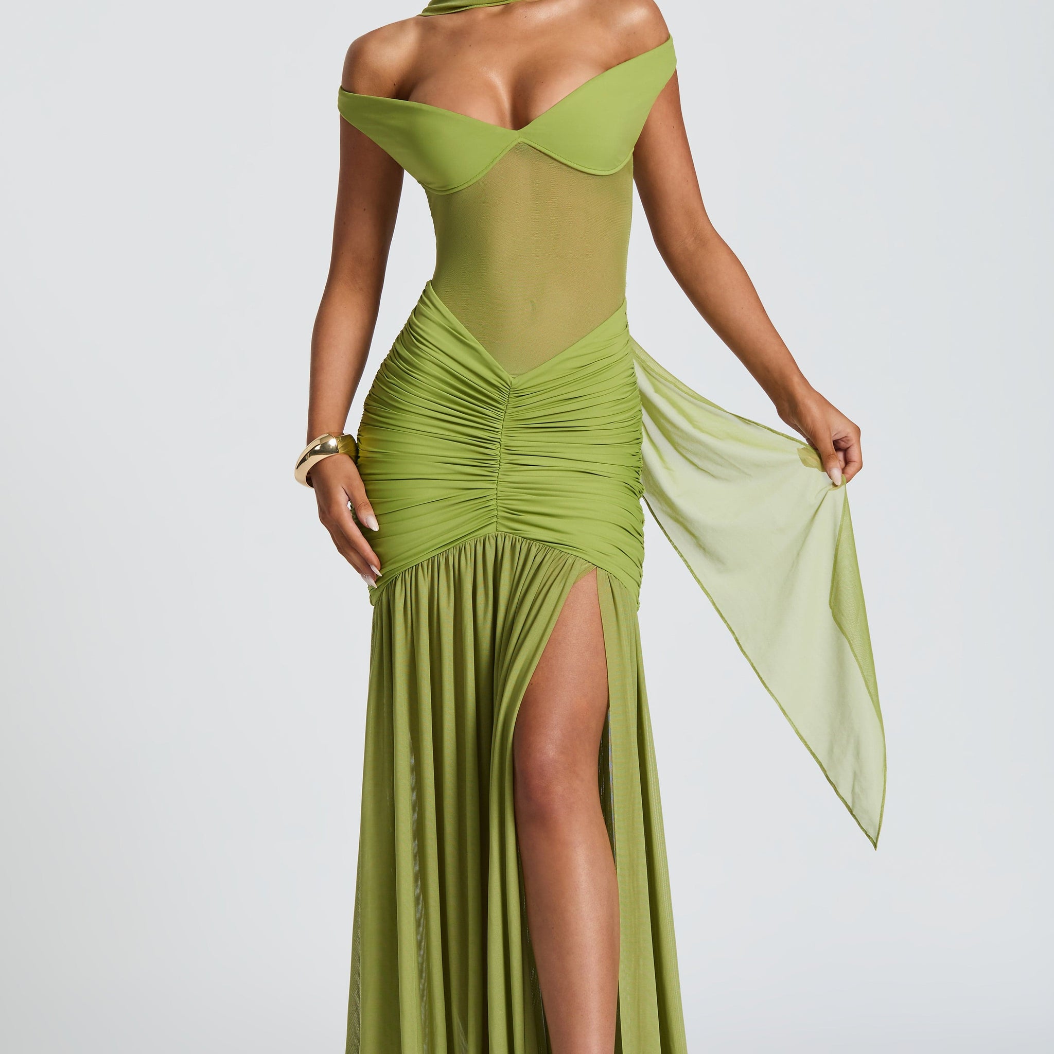 Olive Green Off Shoulder Maxi Dress with Side Slit for Women - Greta