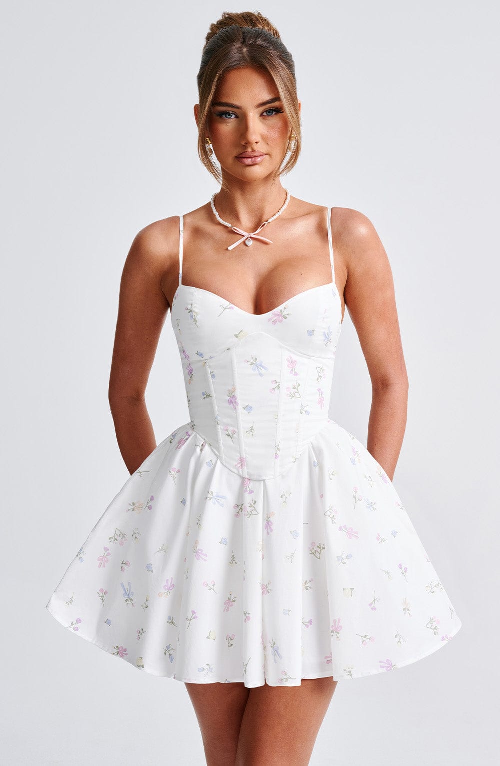 Amy Mini Dress-White Multi Floral Print
