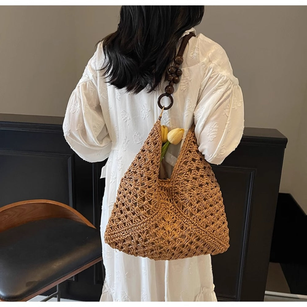 Woven Straw Shoulder Bag with Crochet Design for Women - Camilla