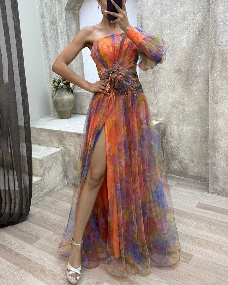 Multicolor One Shoulder Maxi Dress with Side Slit for Women - Luisa