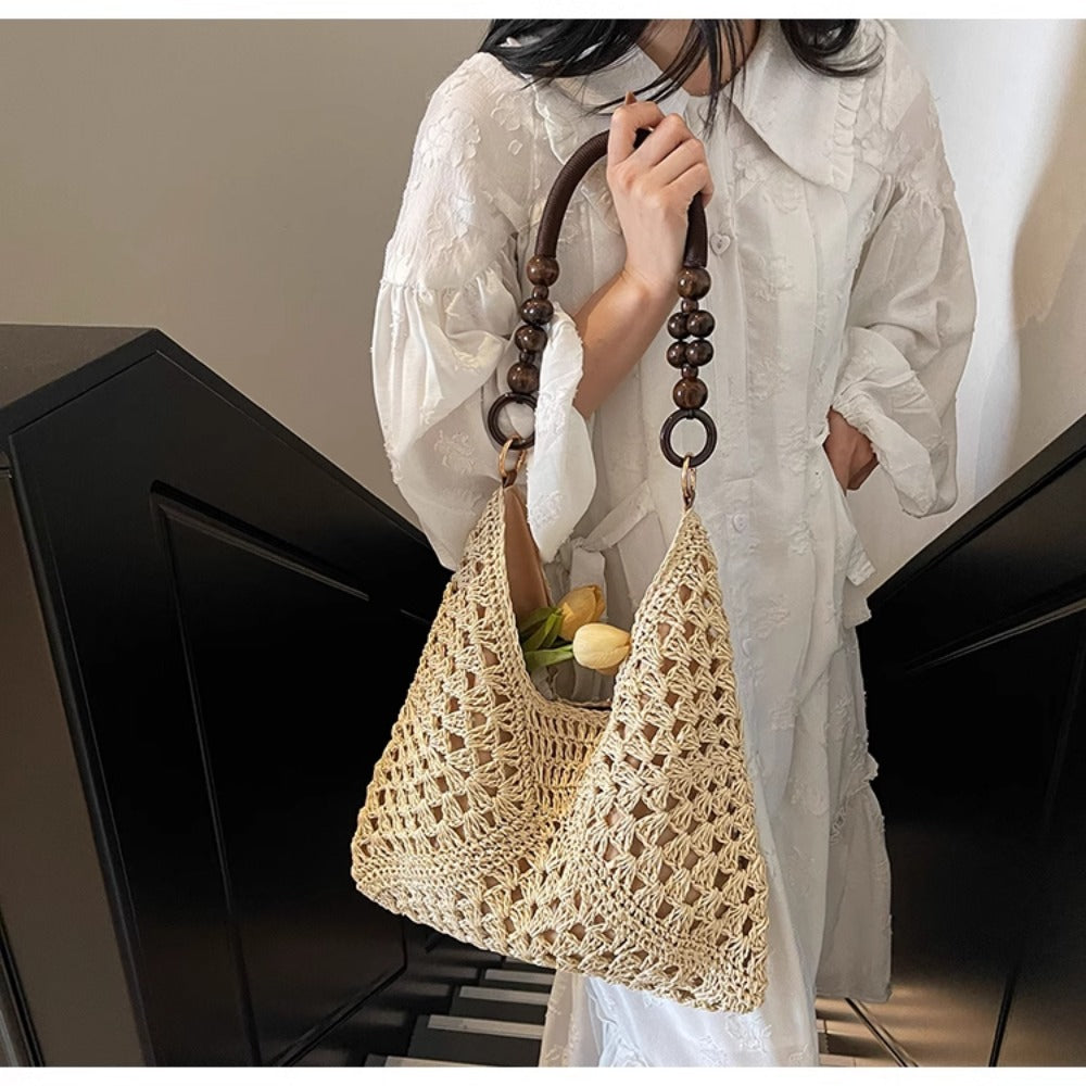 Woven Straw Shoulder Bag with Crochet Design for Women - Camilla