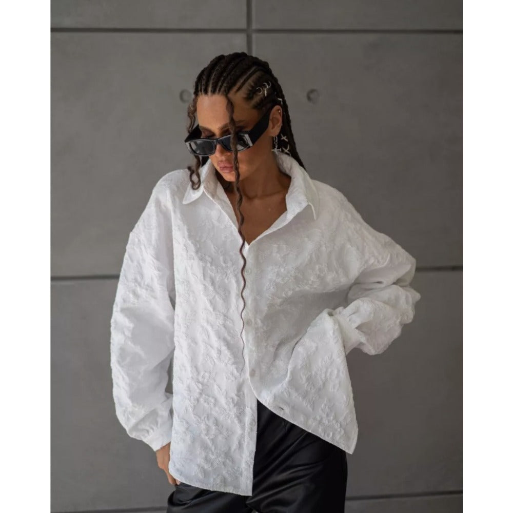 White Textured Button Up Shirt with Long Sleeves for Women - Noemi