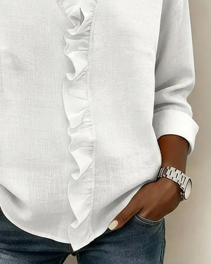 Women's Long Sleeve Ruffle V-Neck Blouse | Loose Fit
