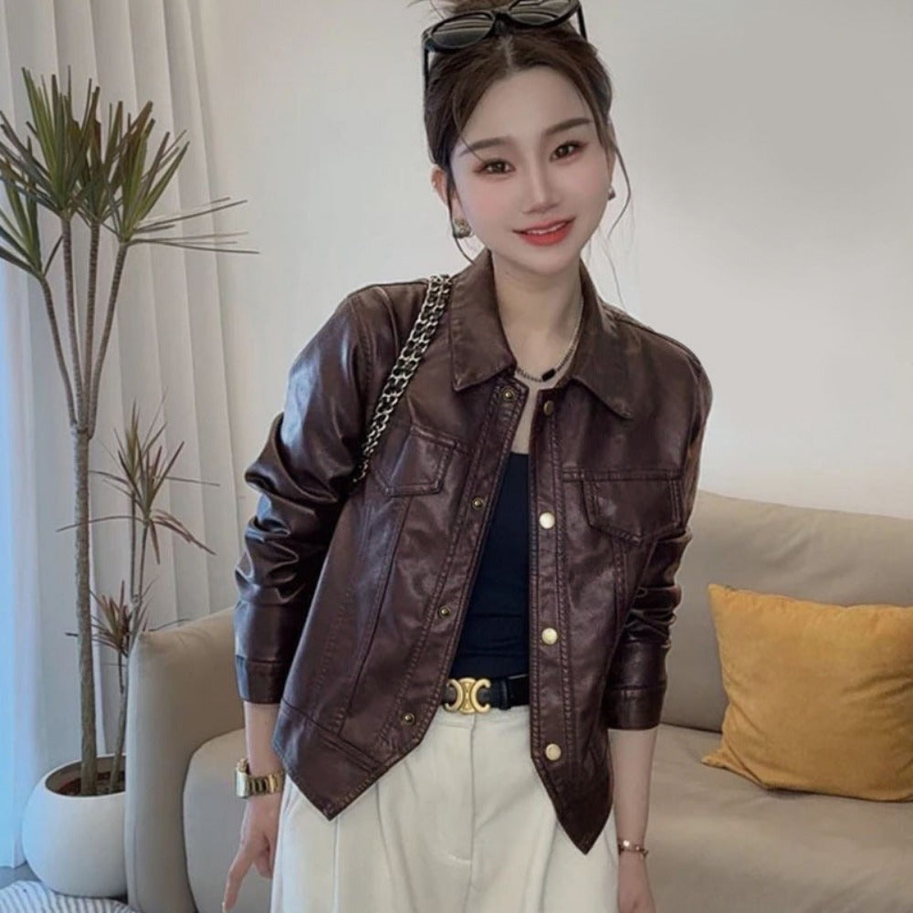 Faux Leather Jacket with Button Closure for Women - Iolanda